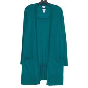 Chicos Open Front Cardigan Tank Set Teal/Green 2 L 12 Longline Minimalist Office